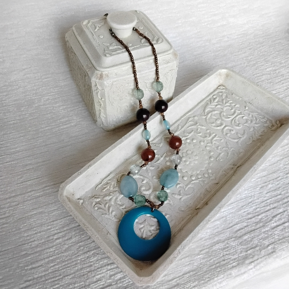 Vintage Beaded Necklace, Unsigned Turquoise Colored Pendant 19" To 21" Preloved